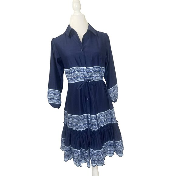 STS Sail to Sable Silk Blend Scallop Hem Long Sleeve Navy Blue Shirt Dress SM - Picture 9 of 11